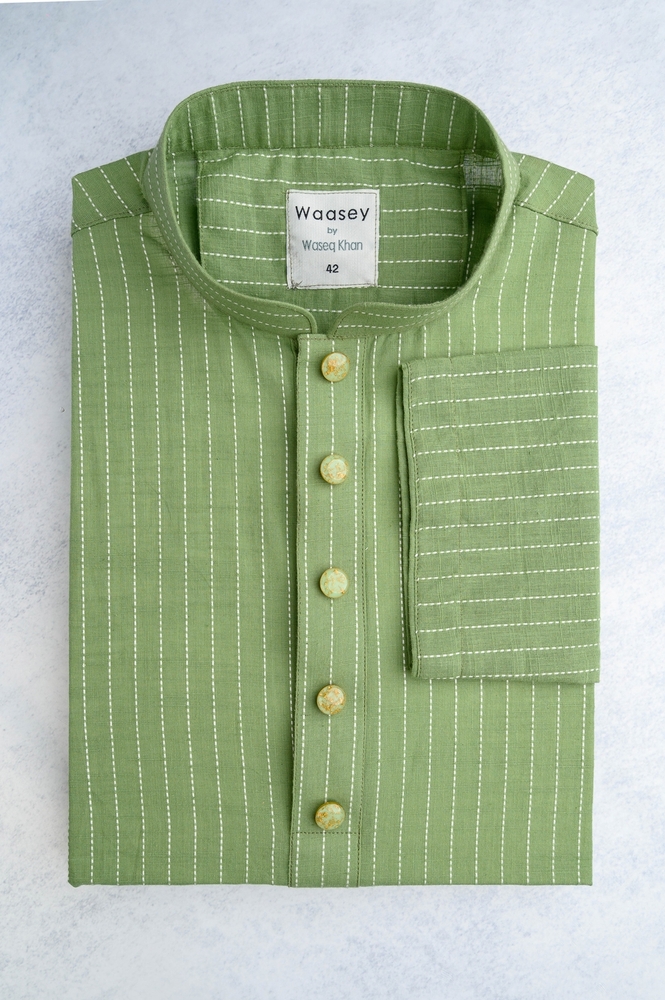 Olive Green Striped Panjabi with Classic Buttons